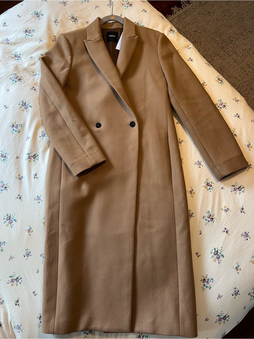 Theory Camel Double-Breasted Maxi Coat